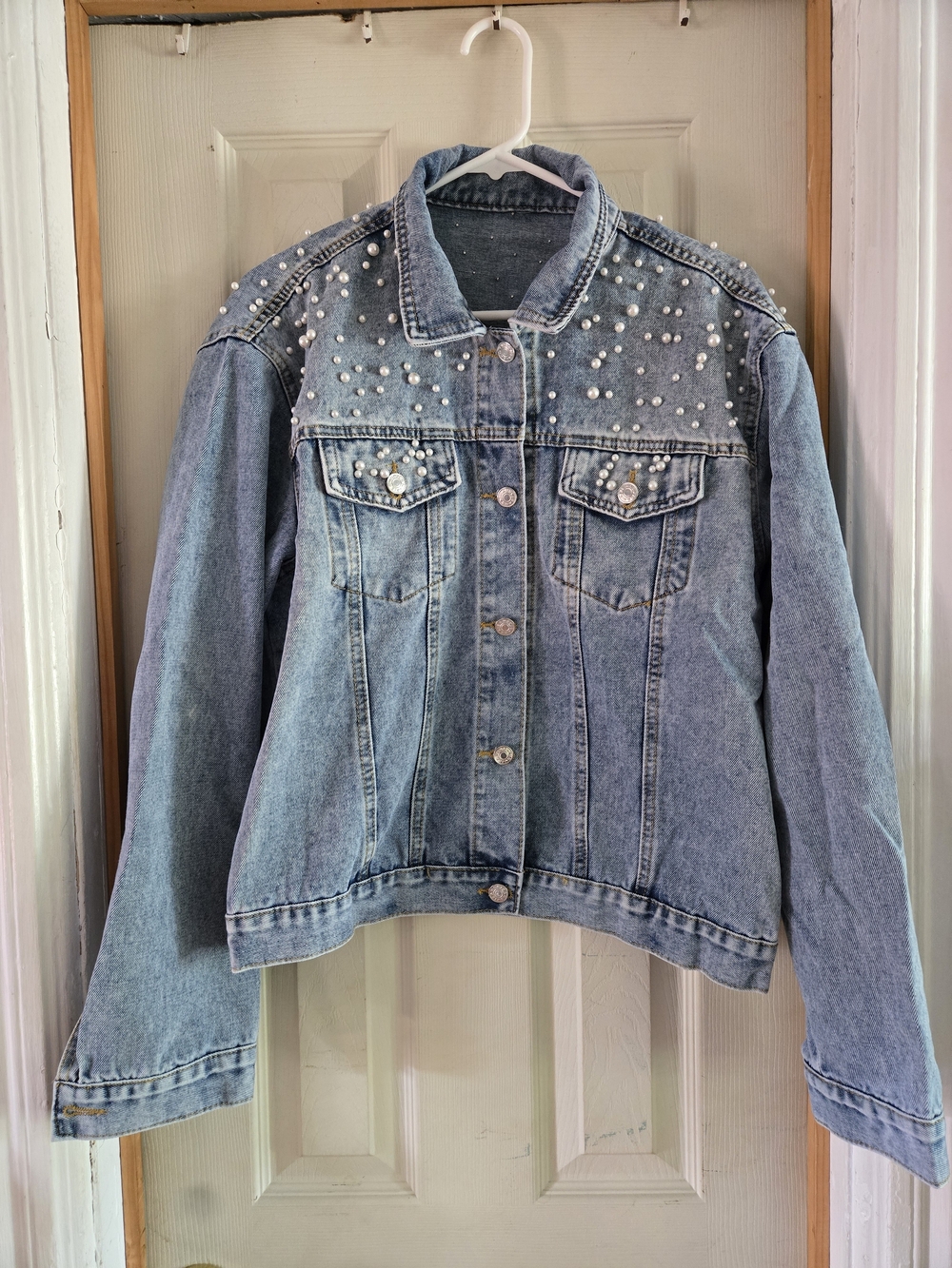 Pearl-Embellished Light Blue Denim Jacket - Women